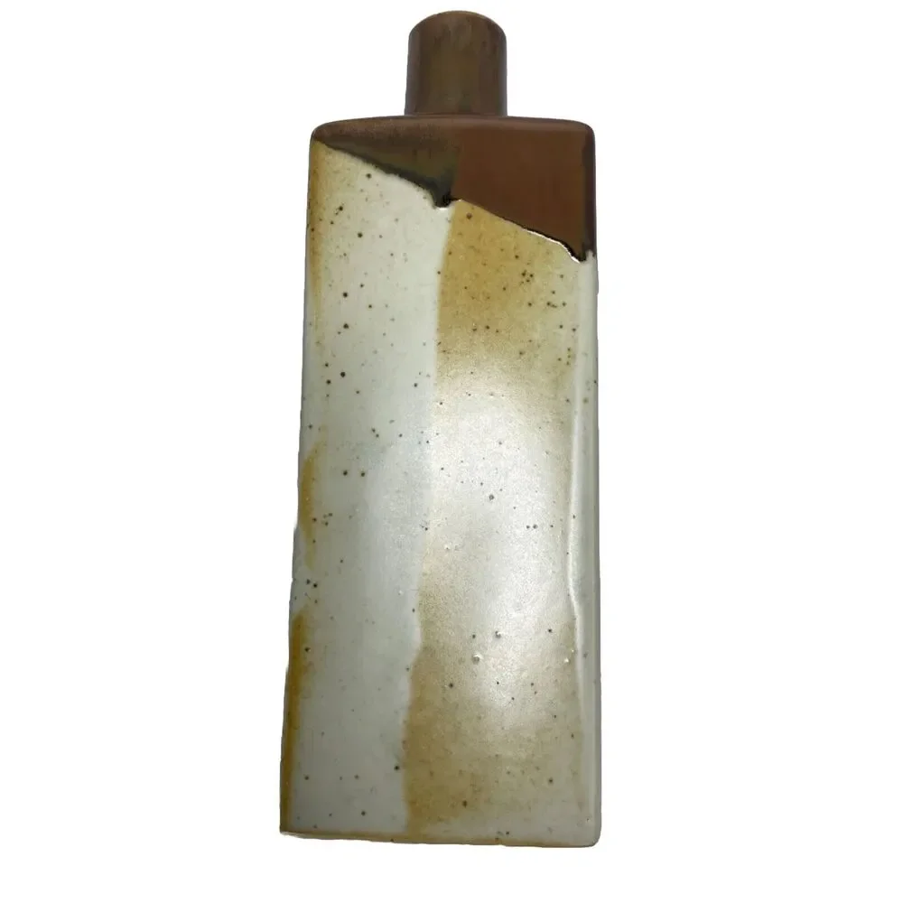 Vtg Takahashi Japan Stoneware Bud Vase 10” Brown Drip Glaze MCM Bottle Minimalis